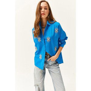 Olalook Women's Saxe Blue Sequin Detailed Woven Boyfriend Shirt