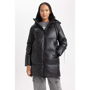DEFACTO Waterproof Relax Fit Hooded Puffer Faux Leather Jacket