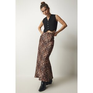 Happiness İstanbul Women's Brown Leopard Patterned Maxi Satin Skirt