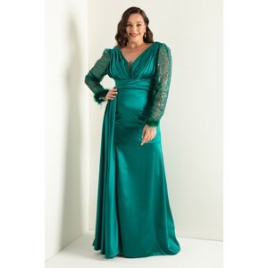 Lafaba Women's Emerald Green V-Neck Sleeves with Stone Slits Long Plus Size Evening Dress