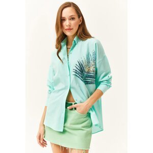 Olalook Women's Aqua Green Palm Sequin Detailed Oversize Woven Poplin Shirt