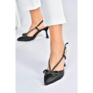 Fox Shoes Black Satin Fabric Stone Detailed Women's Heeled Shoes