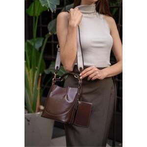 Madamra Women's Brown Top-Stitched Wallet Bucket Bag