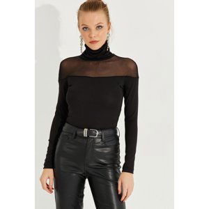 Cool & Sexy Women's Black Tulle Detailed Fisherman Blouse
