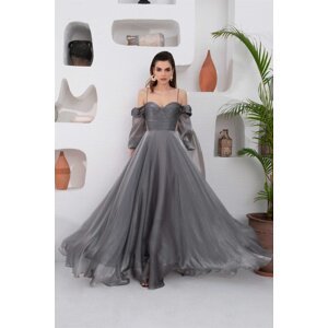 Carmen Anthracite Organza Low Sleeve Engagement Evening Dress