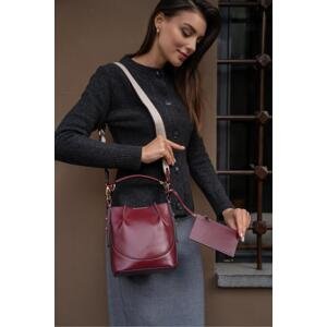 Madamra Burgundy Women's Top-Stitched Wallet Bucket Bag