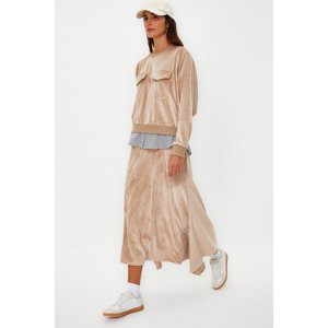 Trendyol Light Brown Velvet Inside Shirt Detailed Knitted Skirt Bottom-Top Set