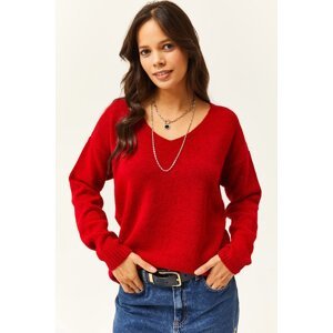 Olalook Women's Red V-Neck Soft Textured Knitwear Sweater