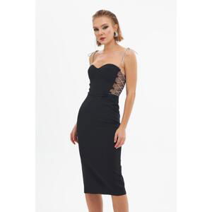 Carmen Black Stone Laced Midi Crepe Evening Dress