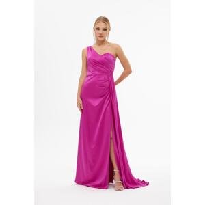 Carmen Fuchsia Satin One-Shoulder Long Evening Dress with Slit