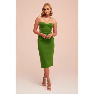 Carmen Pistachio Green Stone Lace Midi Crepe Evening Dress