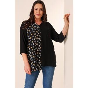 By Saygı V-Neck Mixed Patterned One Side Beaded Detailed Plus Size Chiffon Blouse