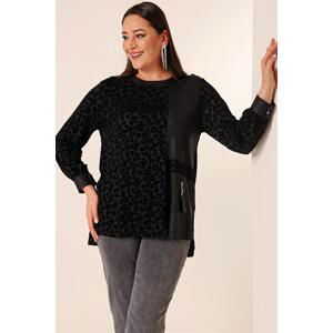 By Saygı Floral Flock Printed Plus Size Blouse with Slits on the Sides and Tassel Detail on the Front