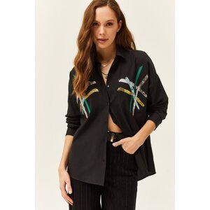 Olalook Women's Black Color Sequin Stick Woven Shirt GML-9001164