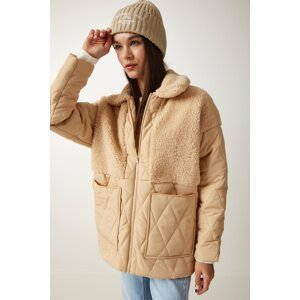 Happiness İstanbul Women's Latte Plush Detailed Quilted Coat