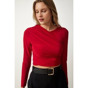 Happiness İstanbul Women's Red Gathered Detailed Crop Sandy Blouse