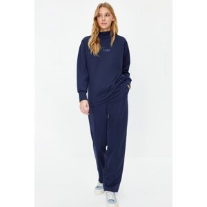 Trendyol Navy Blue Embroidery Lettered Diver/Scuba Knitted Tracksuit Set