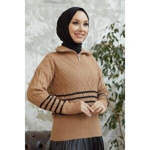 InStyle Sova Turtleneck Zipper Striped Knitwear Sweater - Camel