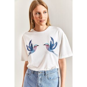 Bianco Lucci Women's Bird Patterned Combed Cotton Tshirt