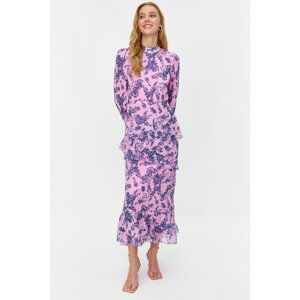 Trendyol Lilac Floral Skirt Ruffled Lined Woven Chiffon Dress