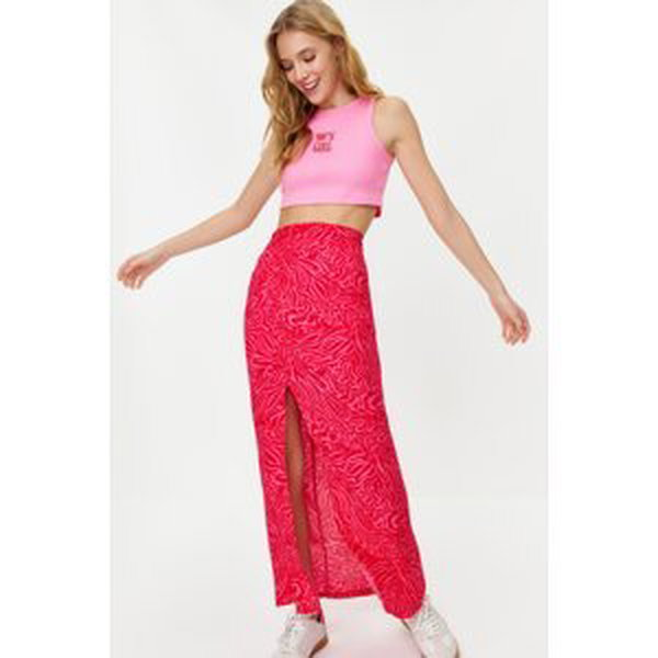 Trendyol Pink Animal Patterned Slit Detail Maxi Length Woven Skirt