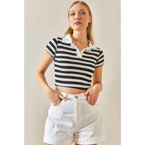 XHAN Black Polo Neck Striped Camisole Crop Blouse