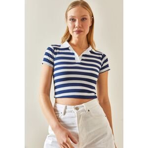 XHAN Navy Blue Polo Neck Striped Camisole Crop Blouse