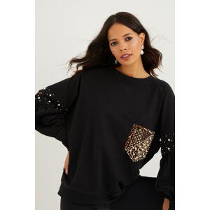 Cool & Sexy Women's Black Pearl Sleeve Detailed Sweatshirt