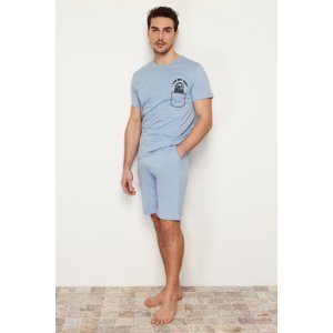 Trendyol Blue Men's Printed Regular Fit Knitted Pajamas Set