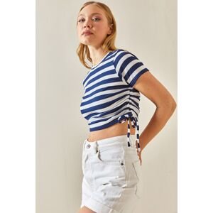 XHAN Navy Blue Crew Neck Side Gathered Striped Camisole Crop Blouse