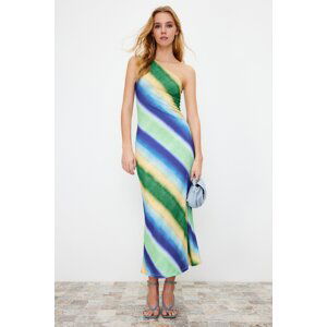 Trendyol Blue Printed Fitted Asymmetrical Collar Stretchy Knitted Maxi Dress