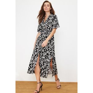 Trendyol Black Belted Slit Floral Patterned Midi Woven Shirt Dress