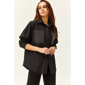 Olalook Women's Black Pocket Staple Detailed Oversize Shirt