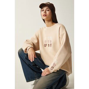 Happiness İstanbul Women's Cream Heart Embroidered Raising Sweatshirt