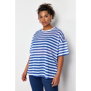 Trendyol Curve White-Blue Striped Transparent Oversize Knitted Blouse