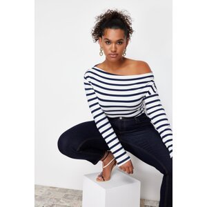 Trendyol Curve Navy Blue Striped Premium Soft Fabric Fitted Boat Neck Flexible Knitted Blouse