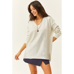 Olalook Women's White V-Neck Loose Metallic Knitwear Sweater
