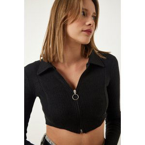 Happiness İstanbul Black Zipper Polo Neck Crop Knitted Blouse
