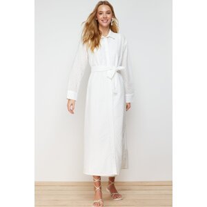 Trendyol White Floral Belted Embroidery Lined Woven Shirt Dress