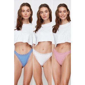 Trendyol White-Pink-Blue 3-Pack 100% Cotton Ribbed Lace Detailed String Panties