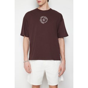 Trendyol Men's Brown Oversize/Wide-Fit 100% Cotton T-shirt with Text Embroidery T-shirts