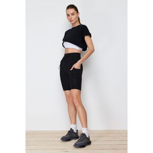Trendyol Black Shaping Knitted Sports Shorts Tights with Tie on Waist and Pocket Detail