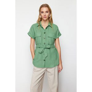 Trendyol Khaki Short Sleeve Belted Muslin Woven Shirt