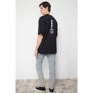 Trendyol Black Oversize/Wide-Fit Text Printed Back 100% Cotton T-shirt