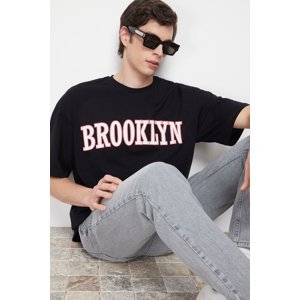 Trendyol Black Oversize/Wide-Fit Fluffy Brooklyn City-Text Print 100% Cotton T-Shirt