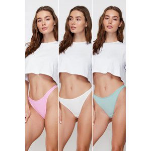 Trendyol Ecru-Pink-Green 3-Pack Cotton Thong Knitted Briefs