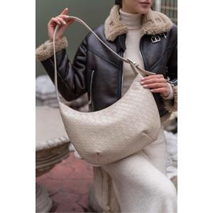 Madamra Women's Cream Knitted Patterned Big Bag