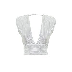 Trendyol Silver Padded Crop Deep V-Neck Pleated Blouse