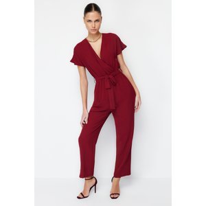 Trendyol Burgundy Tie Detailed Double Breasted Collar Maxi Woven Jumpsuit