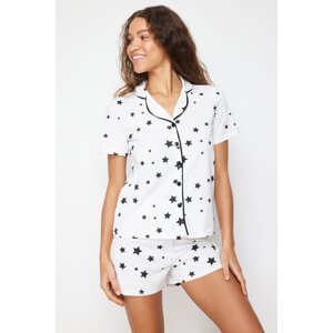 Trendyol Ecru 100% Cotton Star Printed Piping Shirt-Shorts Knitted Pajama Set